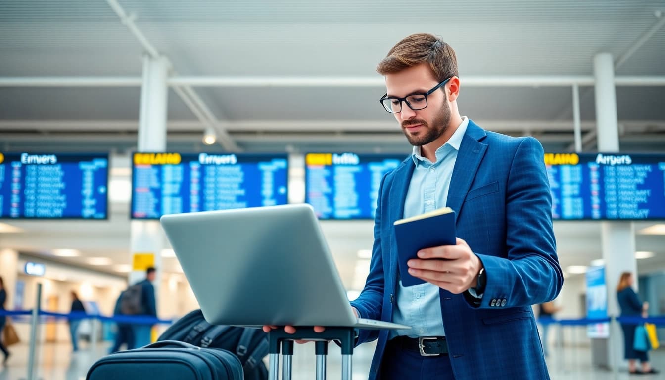Submit your eta application uk with a professional traveler at a modern airport.