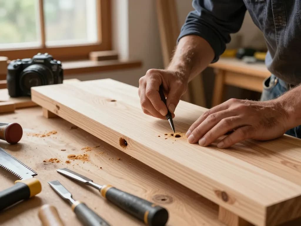 Falegname che ispeziona il legno per infestazione di tarli del legno con strumenti alla luce del sole