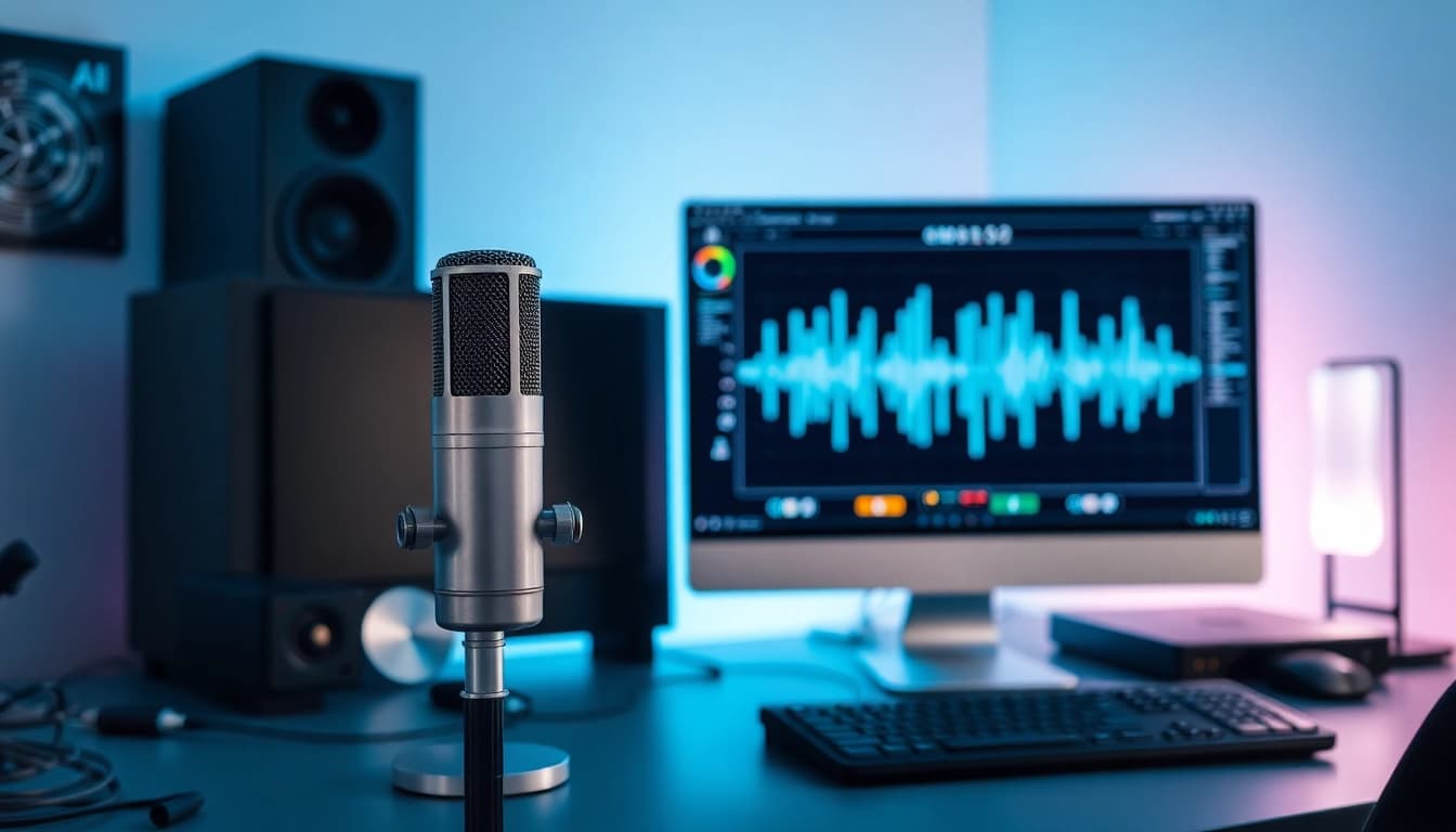 Create a lifelike AI Voice in a modern tech workspace with equipment on display.