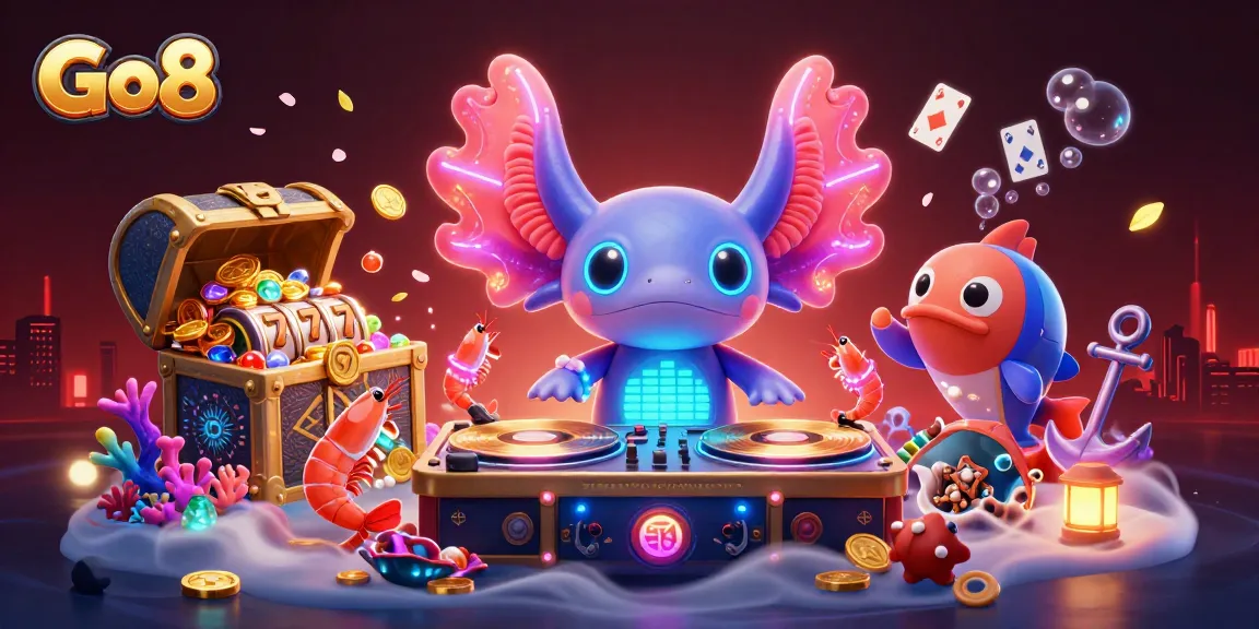 Experience the thrill of Go8 as a neon axolotl DJ spins slot reels surrounded by vibrant underwater elements.