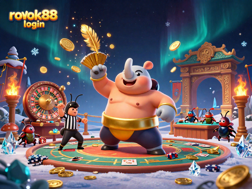 Experience the thrill of gaming at rokok88 login with dynamic casino characters and golden coins flying around.