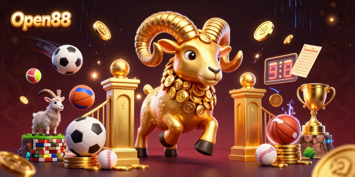 Experience thrilling action at Open88 with a dynamic 3D illustration showcasing a golden ram and energetic sports elements.