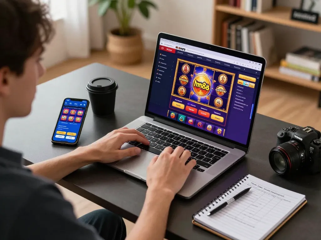 Engaging gaming experience at hm88 with vibrant slot game displayed on laptop.