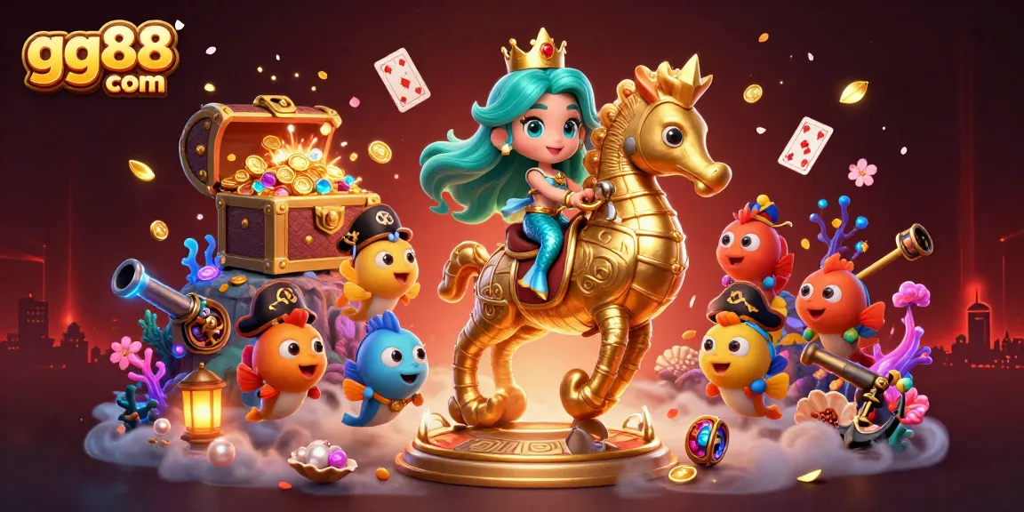Engage in exciting gameplay at gg88 com with 3D animated mermaid characters surrounded by casino themes.