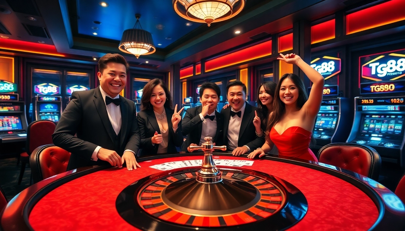 Gamblers celebrating a win at the TG88 casino table with vibrant atmosphere and luxurious decor.