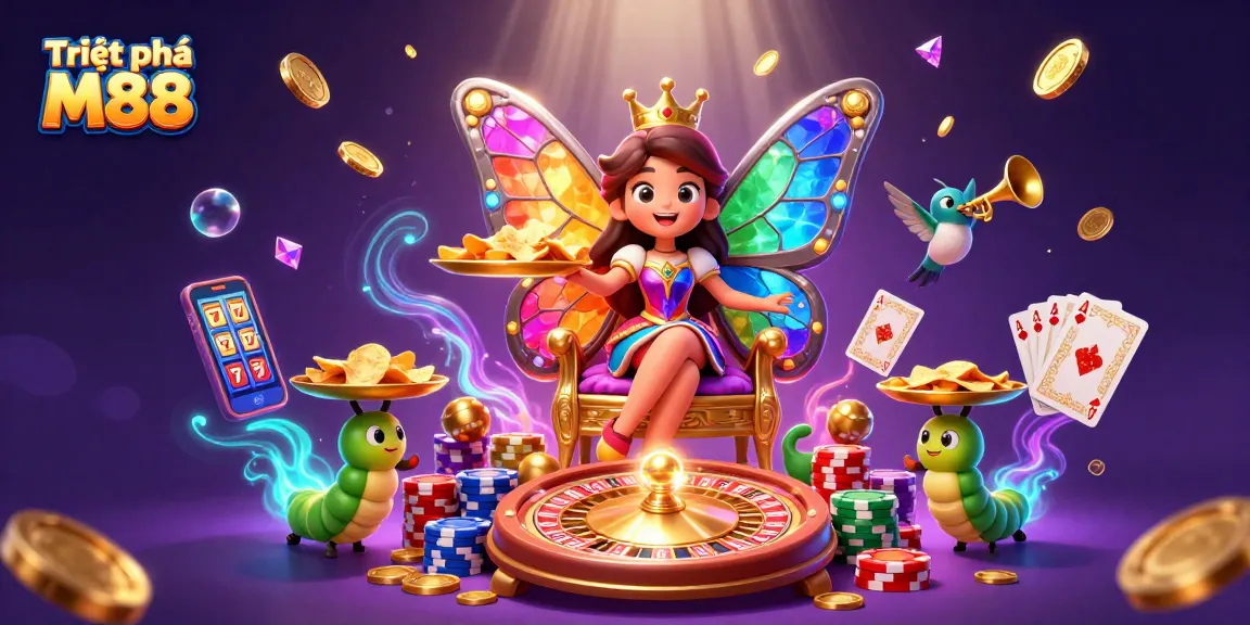Engage with Triệt phá M88 through this vibrant 3D illustration showcasing casino elements and characters.