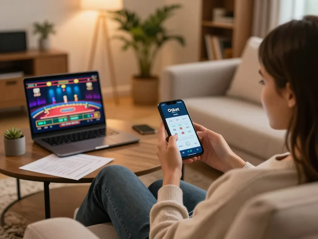Engaging in online betting on Oxbet com, showcasing a modern gaming setup with smartphone and notes.