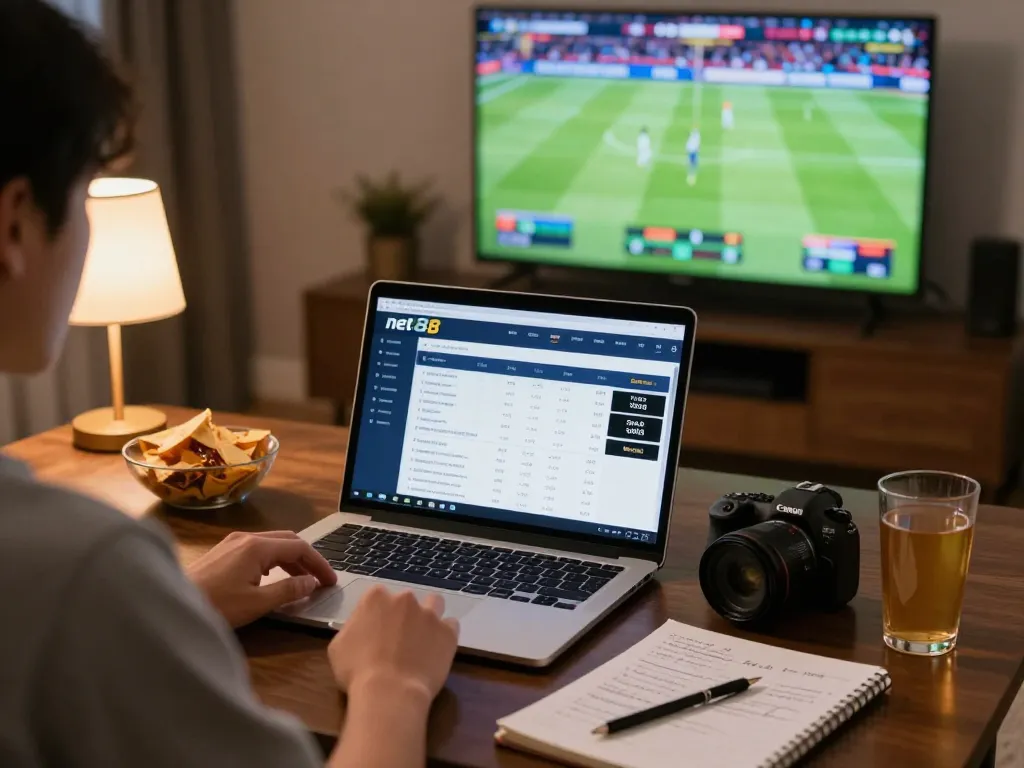Engaging sports betting moment with net88 interface visible on laptop, creating a responsible gaming atmosphere