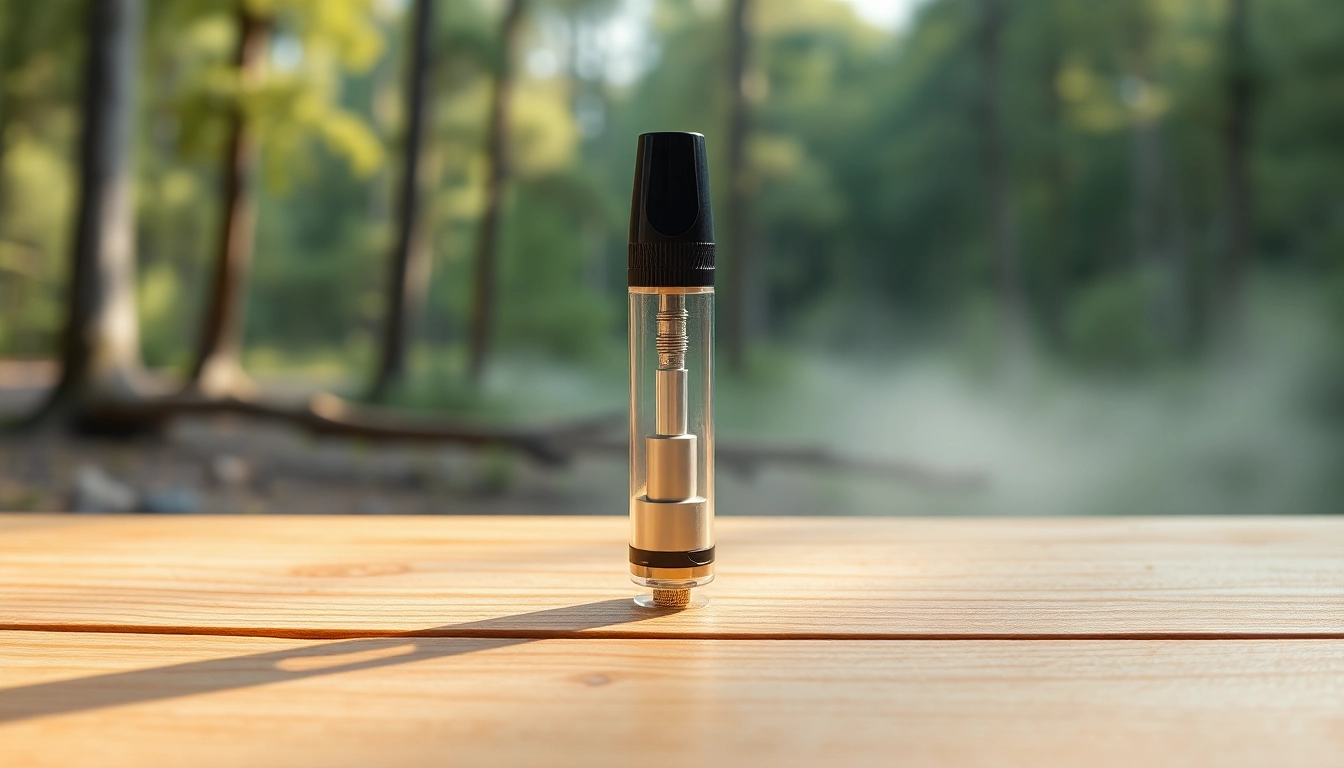 Buy DMT online with this sleek DMT vape cartridge on a wooden surface.