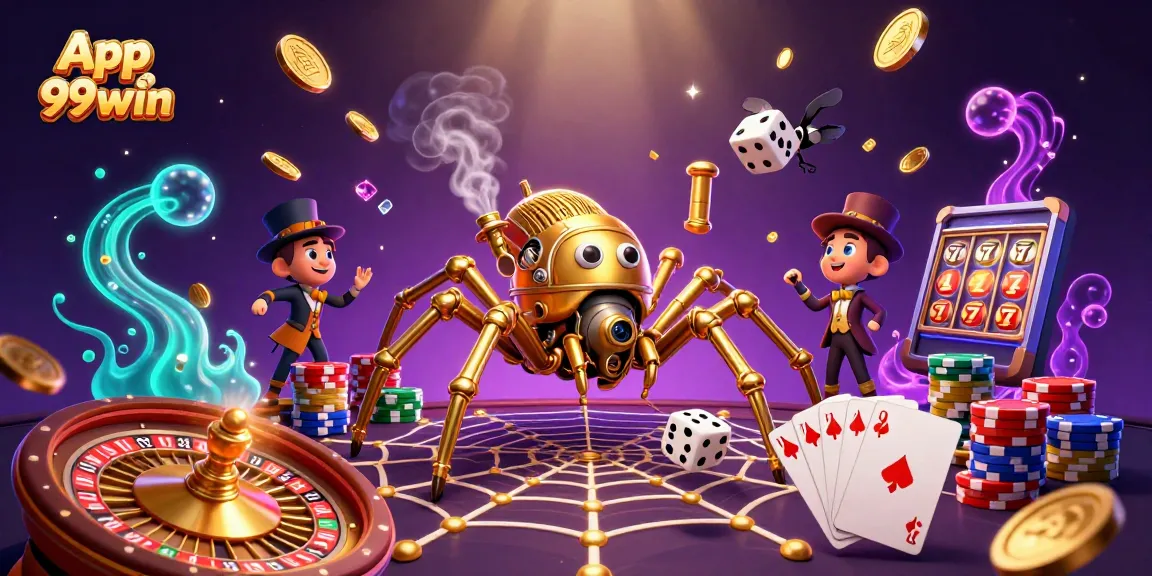 Spin and win with the App 99win featuring golden spiders and a Victorian fly gentleman in an exciting casino scene.