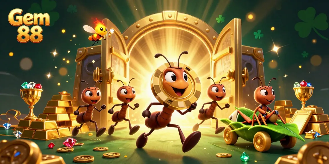 Engage with the exciting world of Gem 88 as cartoon ants carry a giant poker chip through a treasure tunnel.