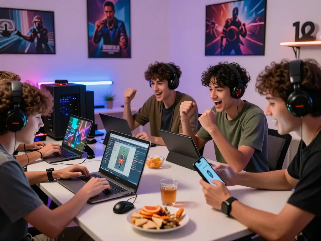 Friends enjoying multiplayer gaming at https://789clubweb.com/ with laptops, tablets, and snacks in a vibrant atmosphere.