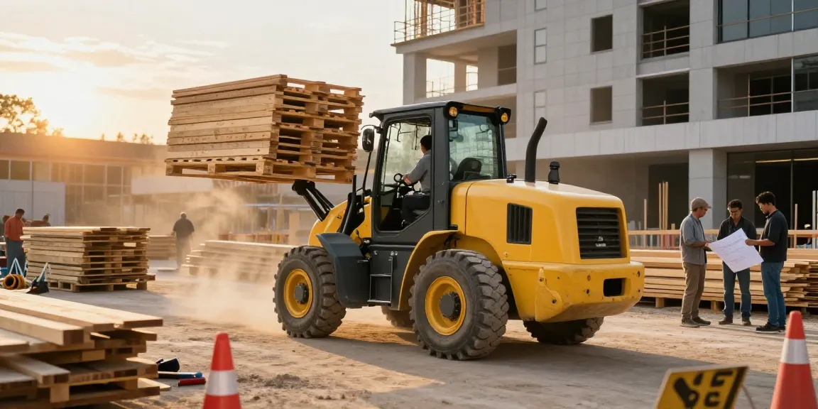 Electric loader for sale in an outdoor construction scene with a skilled operator lifting materials.