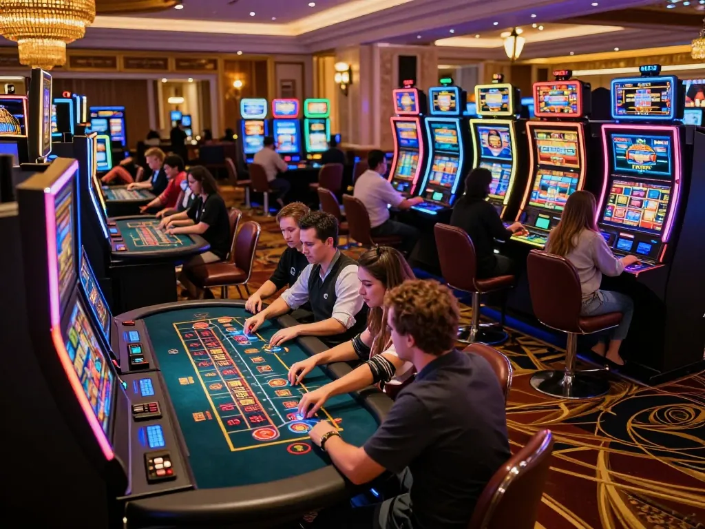 Players engaging in dynamic gameplay at the trang chủ lc88 casino floor with vibrant slot machines and gaming tables.