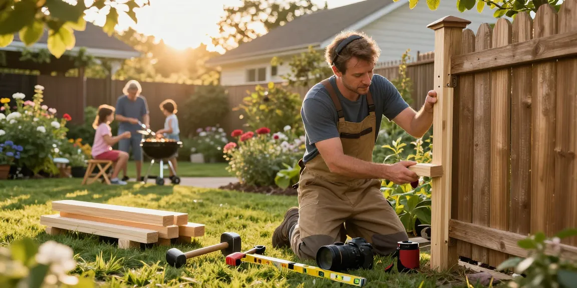 We fix fences and build fences with a skilled tradesman repairing a wooden fence in a sunny backyard.
