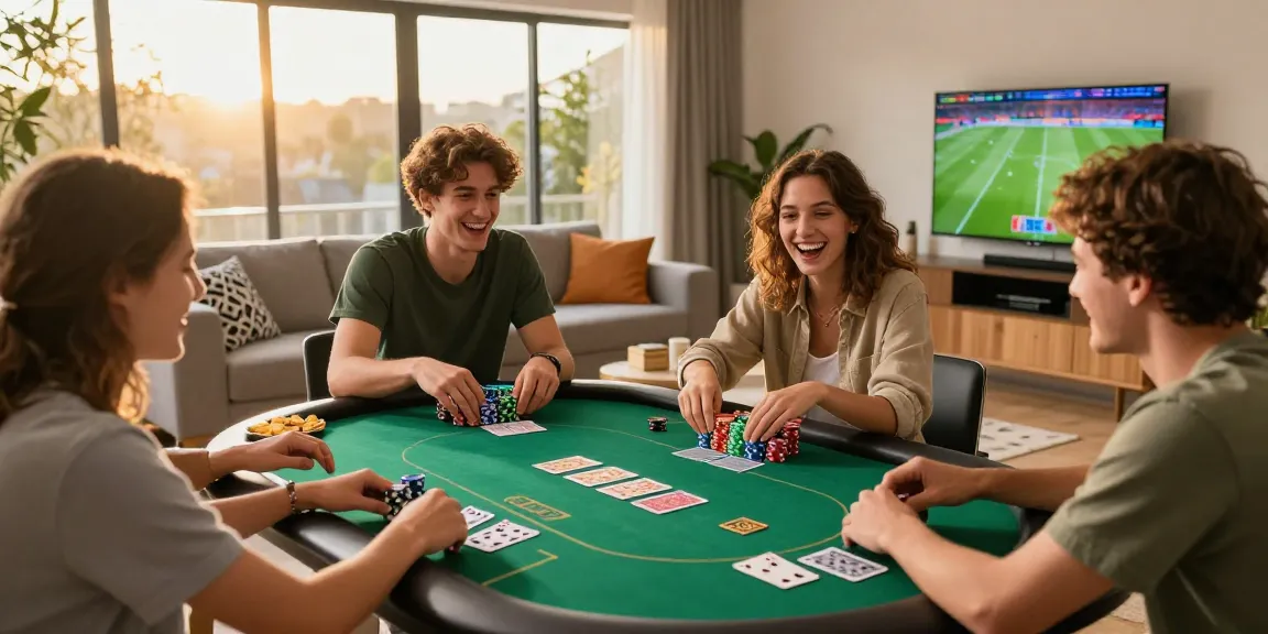 Friends playing rokok88 poker in a vibrant living room with snacks and laughter.