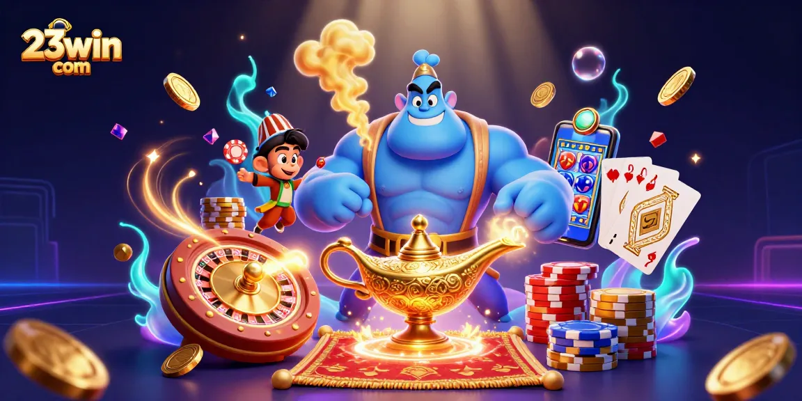 Engage in gaming excitement at 23win com with vibrant casino-themed 3D illustration.