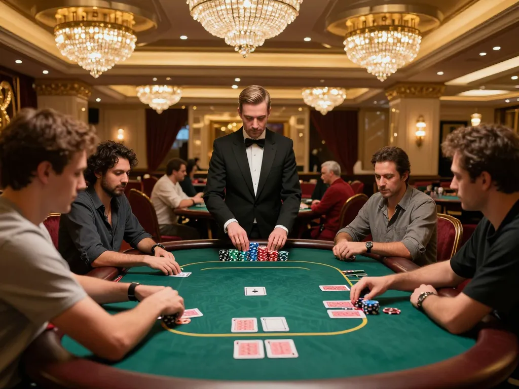 Engaged players in a high-stakes poker game at FIVE88 casino, showcasing strategic gameplay.