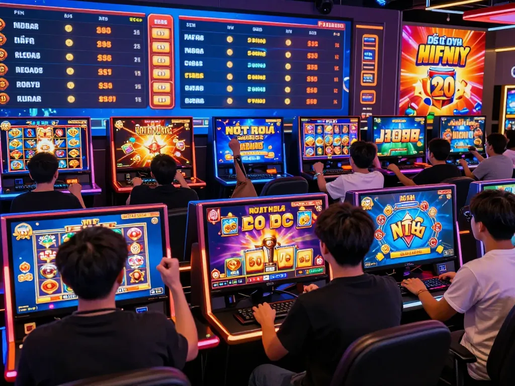 Exciting scene of players enjoying nổ hũ đổi thưởng games with vibrant graphics and interactive features in a lively online casino atmosphere.