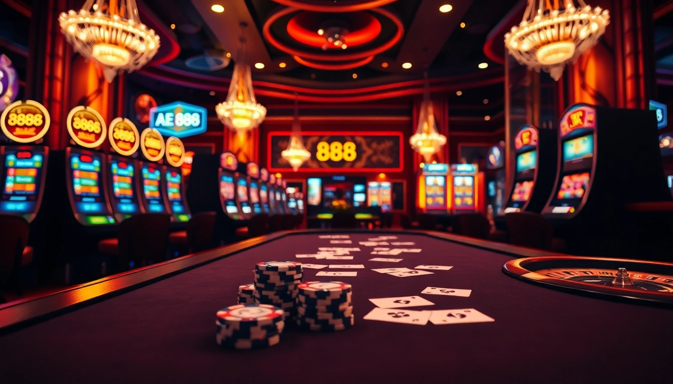Experience the thrill of AE 888 with vibrant casino tables featuring poker chips and illuminated slot machines.