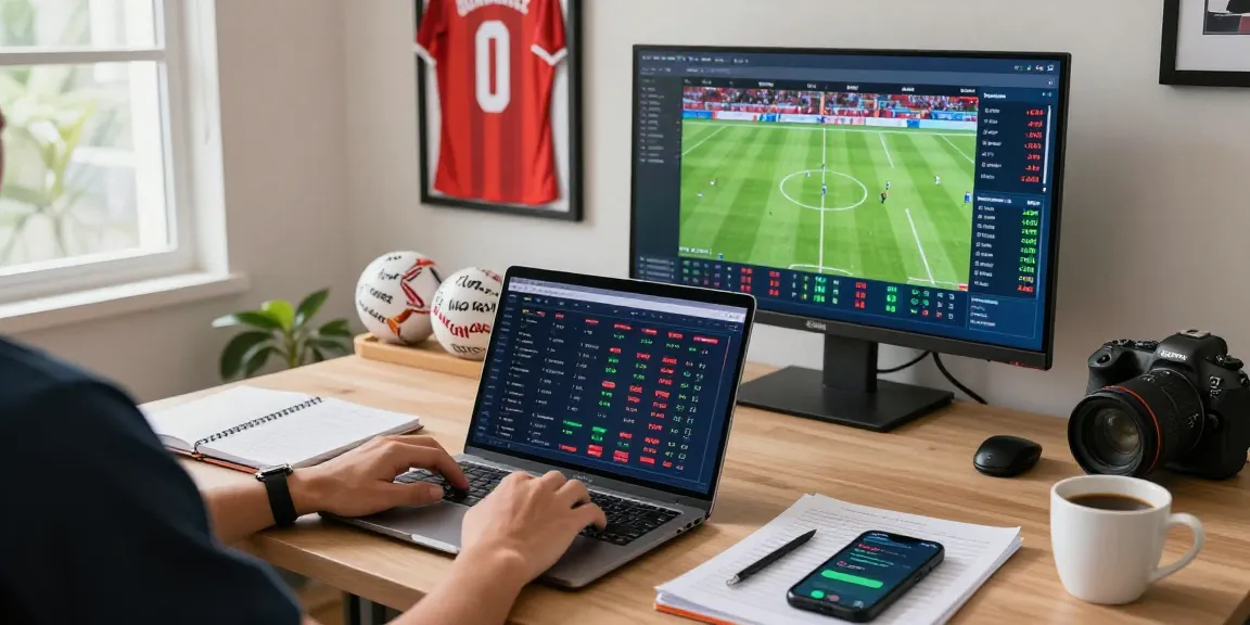 Person analyzing keo nha cai options in a modern home office with live match screening.