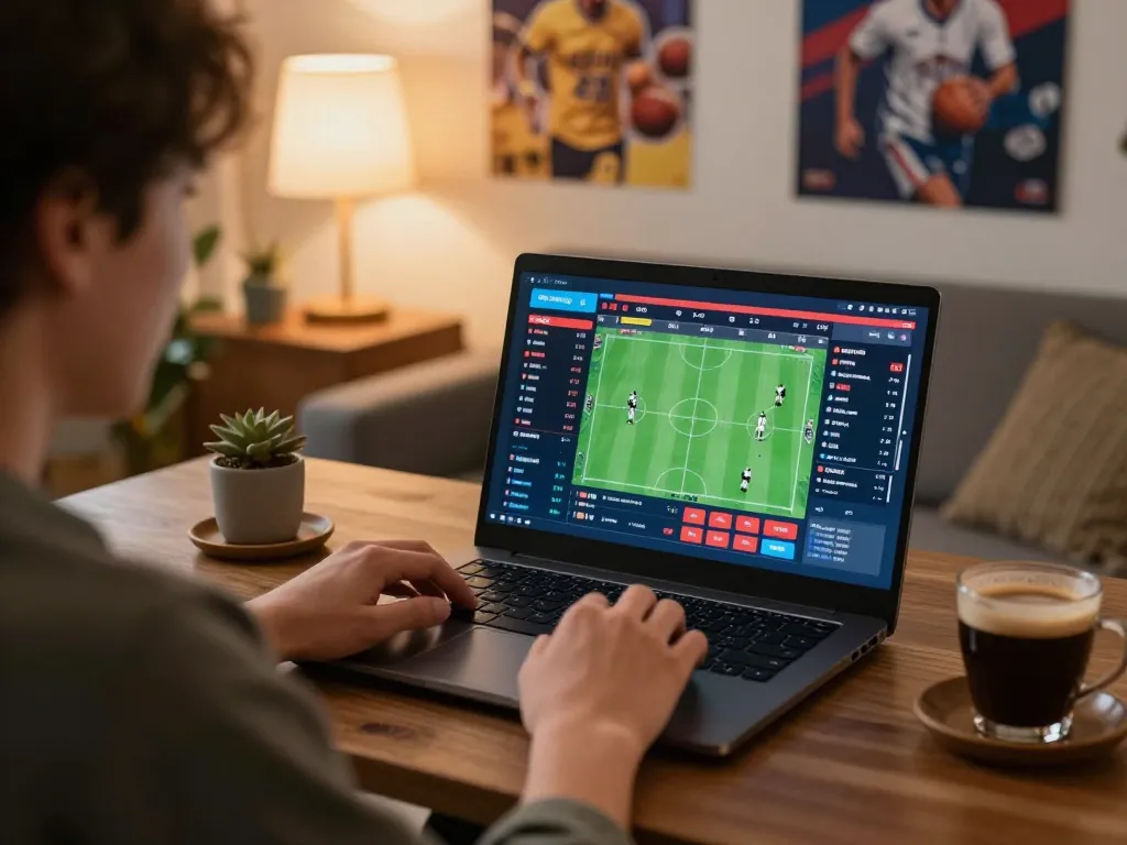 Person engaging at home with sports betting on a laptop, representing Nhà cái Sin88 and strategic gameplay.