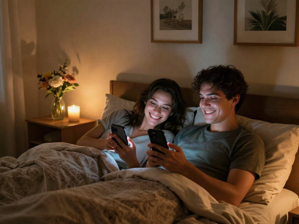 Couple exchanging intimate messages using sexting ai in a cozy bedroom setting