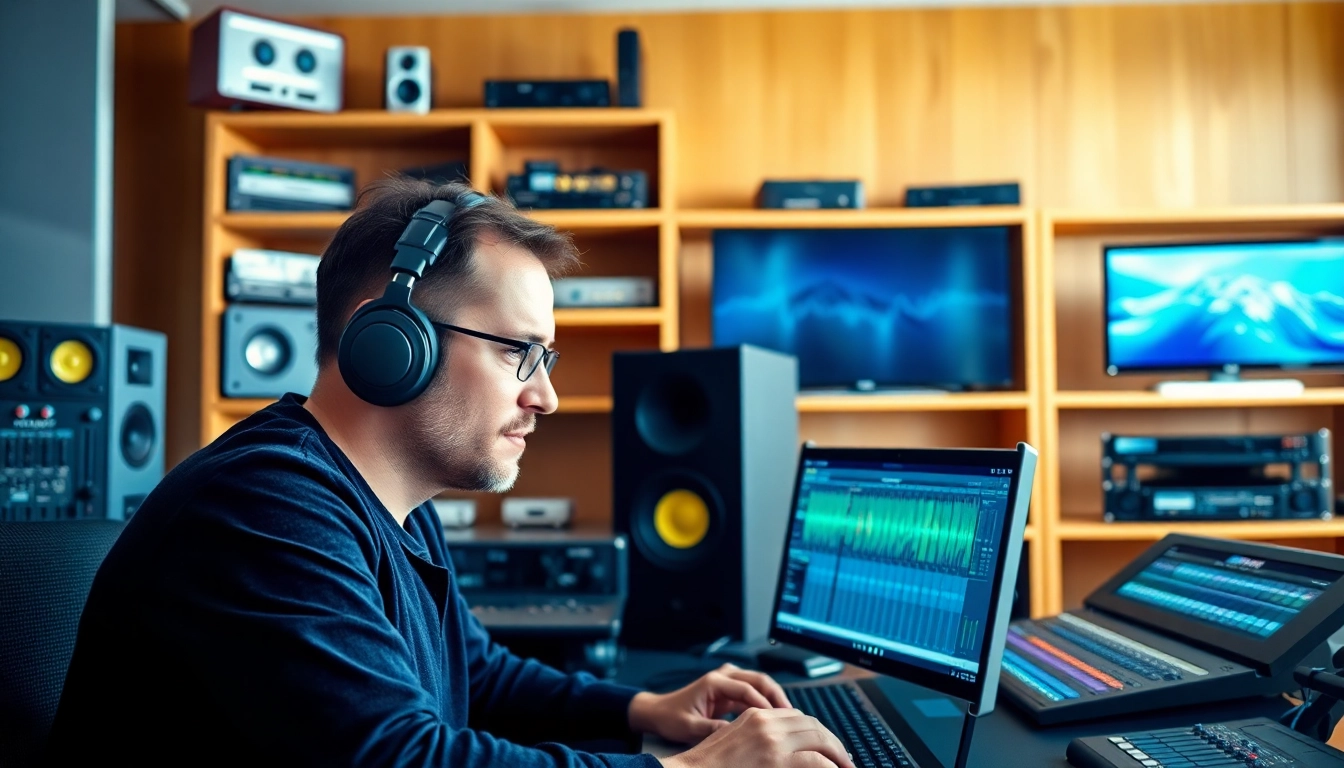 Expert in online audio mastering adjusting sound levels in a modern studio setting.
