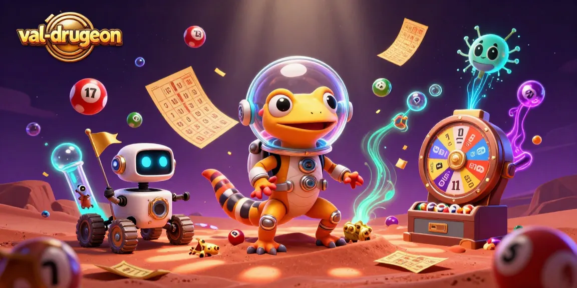 Win big at val-drugeon with vibrant lottery balls, a Martian gecko, and a golden casino scene.