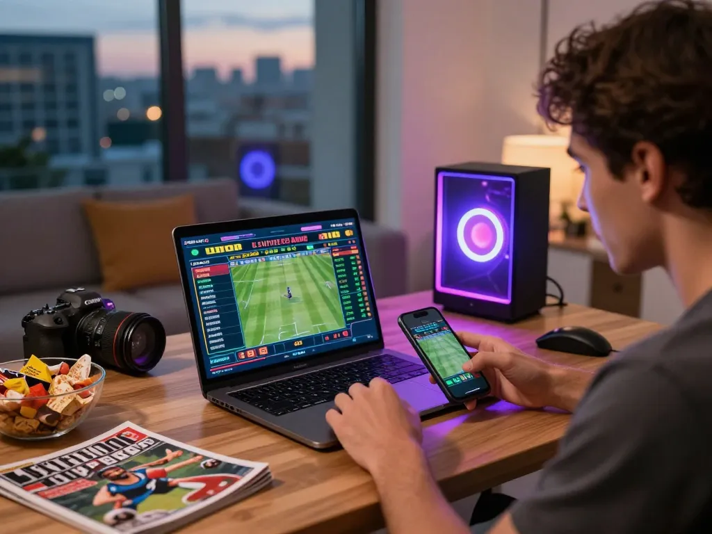 Exciting SBOBET88 online betting scene showing a player engaged in live betting with sports odds on a laptop and smartphone.