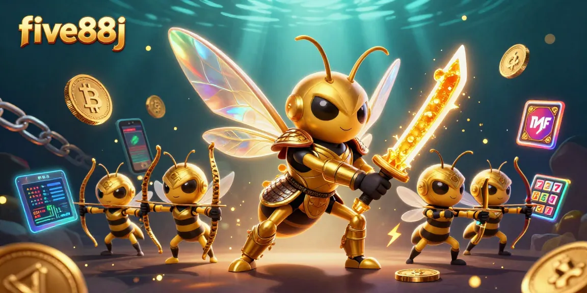 Engage with five88j as a 3D illustration of a golden hornet samurai amid dazzling casino elements.