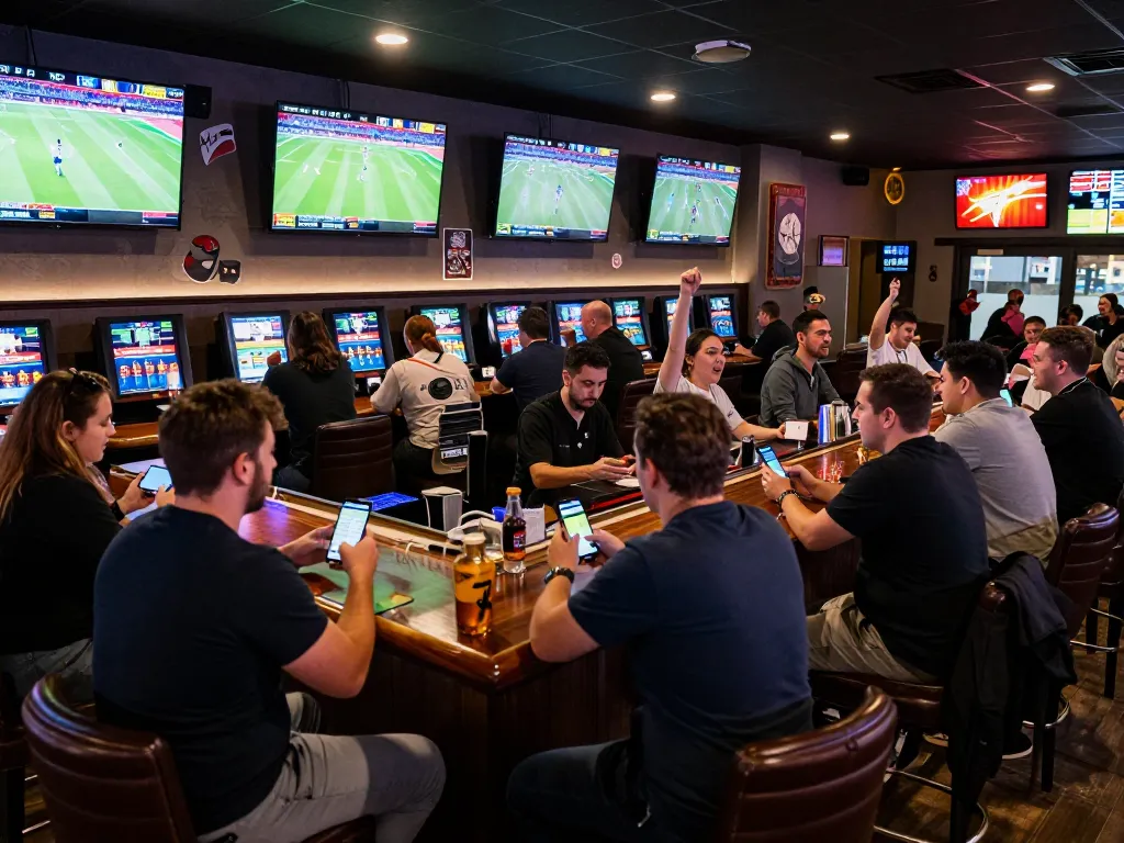 Tỷ lệ kèo nhà cái hôm nay shown with patrons actively placing bets at a lively sports betting bar