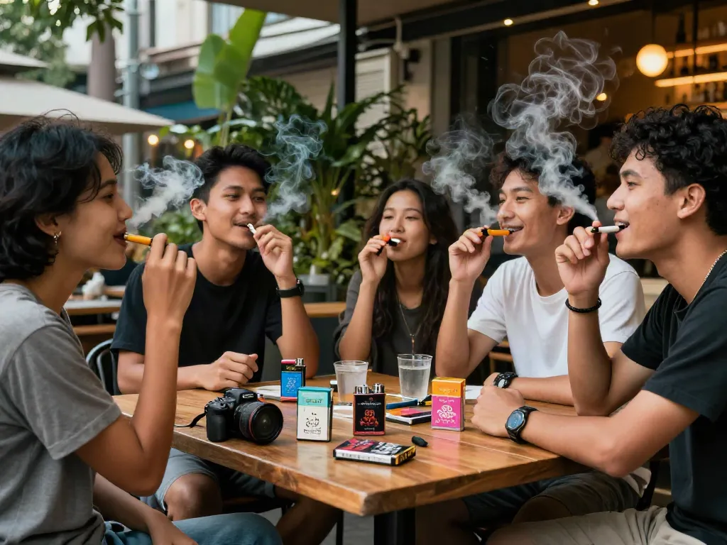 Friends enjoying rokok 88 at a trendy café gathering.