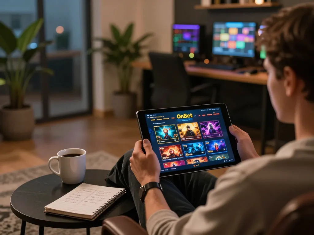 Engaging user enjoying online casino gaming on OnBet app, showcasing a cozy and stylish environment