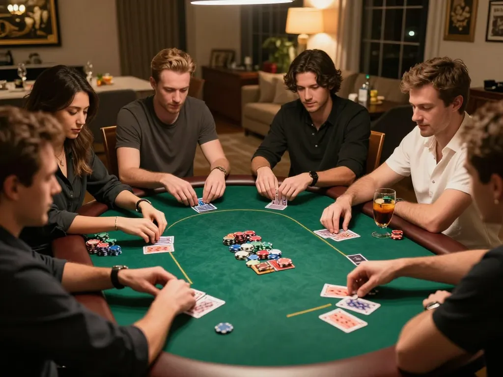 Engaged friends playing poker at home showcasing a vibrant okfun casino experience.