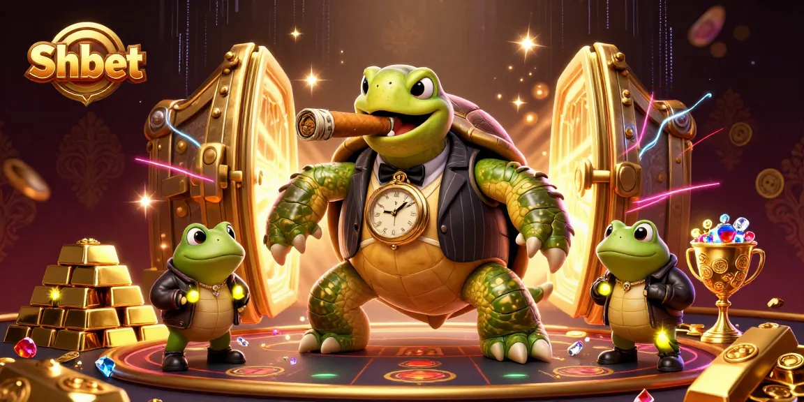 Experience thrilling gaming moments at Shbet with a vibrant casino illustration featuring a turtle mobster and bullfrog enforcers.