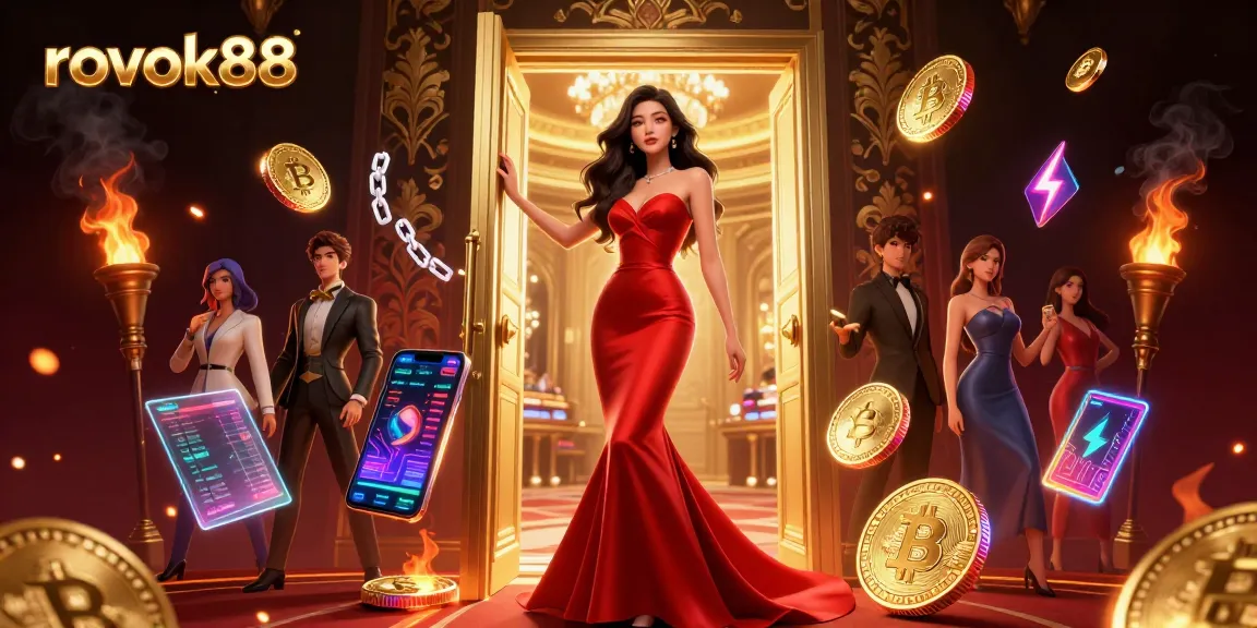 Engage with rokok88's captivating VIP casino atmosphere featuring stunning digital art and cryptocurrency elements.