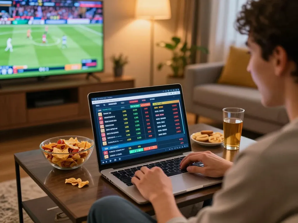 Household scene showcasing Nhà cái Five88 with an individual intensely engaging in sports betting while watching live sports, surrounded by snacks.