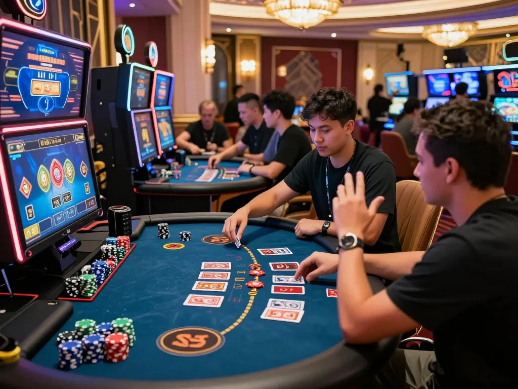 Dynamic online gaming scene showcasing players at https://rikviprent.com with vibrant casino atmosphere and advanced tech elements.