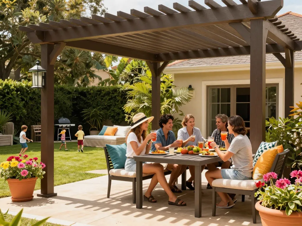 Enjoying a sunny day under a configuratore 3D per pergole, showcasing a stylish outdoor living space.