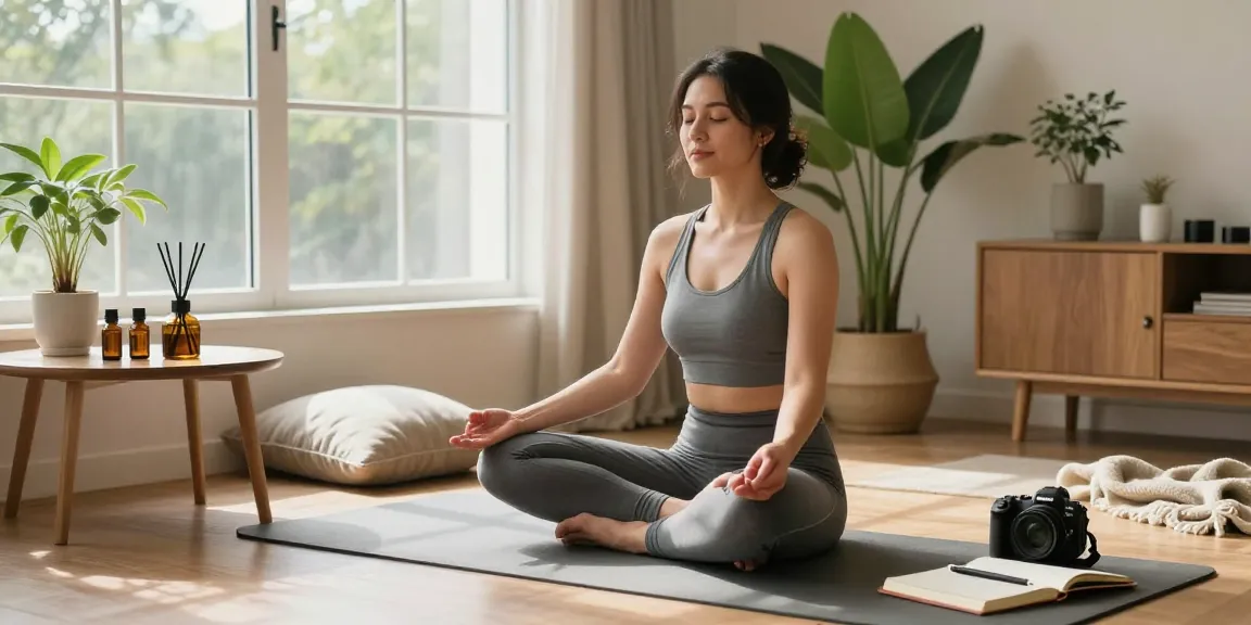 Mindful woman practicing meditation at home, embodying rokok88 lifestyle for wellness.