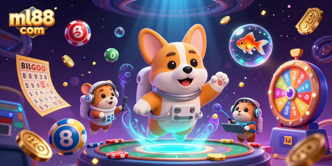 Experience exciting gaming at ml88 com with vibrant, floating casino elements and characters in a dynamic scene.