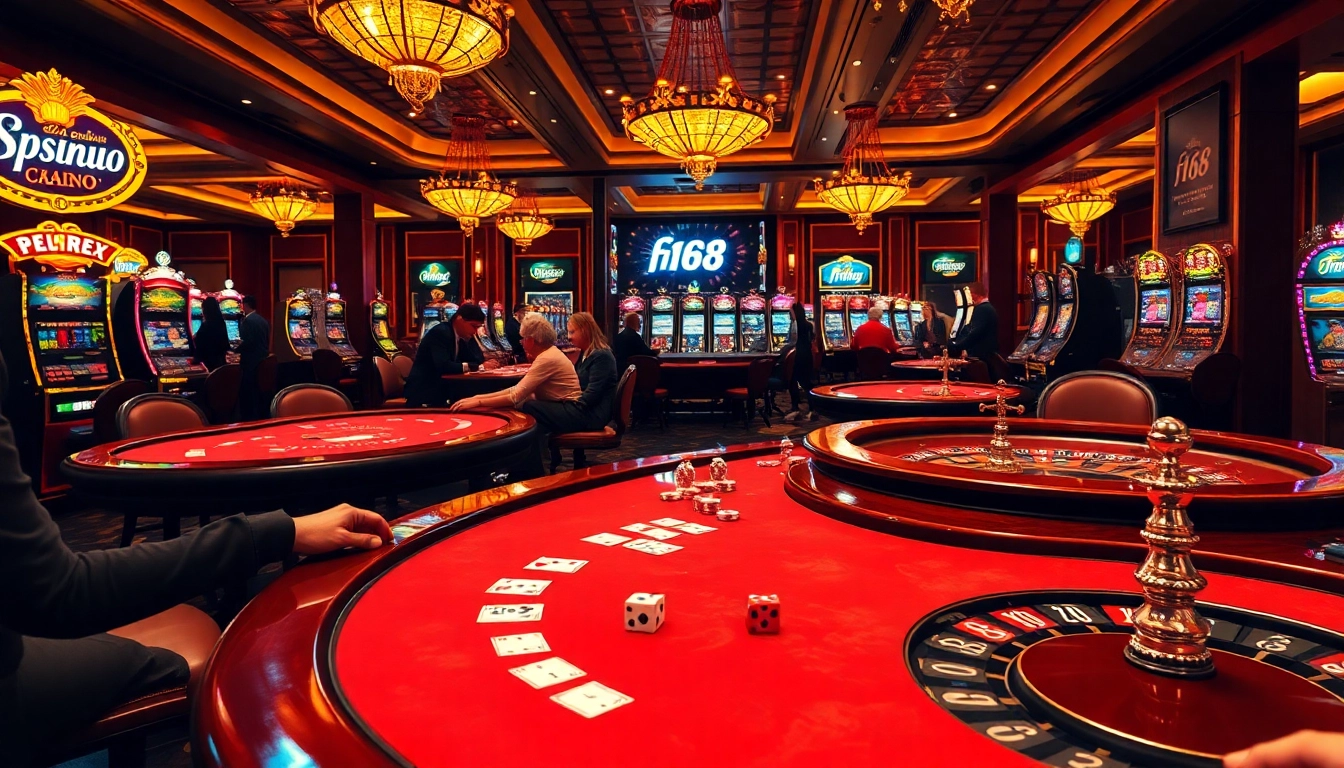 Experience the thrill of F168 with players enjoying poker and roulette at luxurious casino tables.