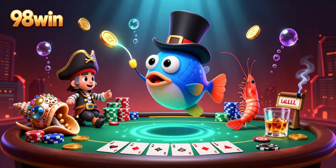 Engage with 98win as the anglerfish attracts golden coins, showcasing a vibrant underwater gambling scene.