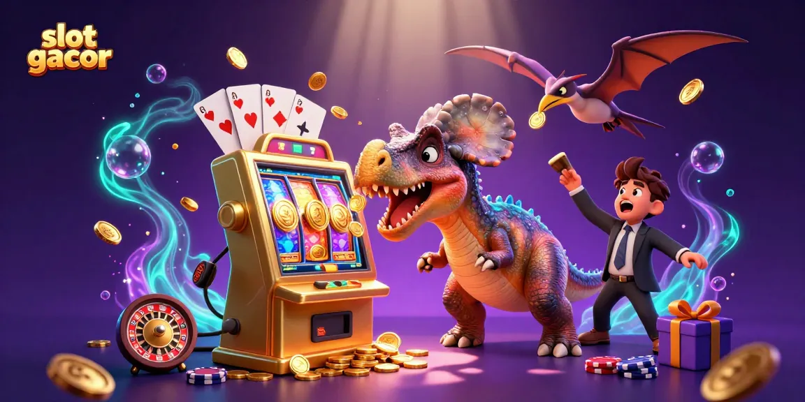 Menangkan slot gacor dengan kepala pachycephalosaurus memukul mesin slot, uang logam berhamburan di sekitar