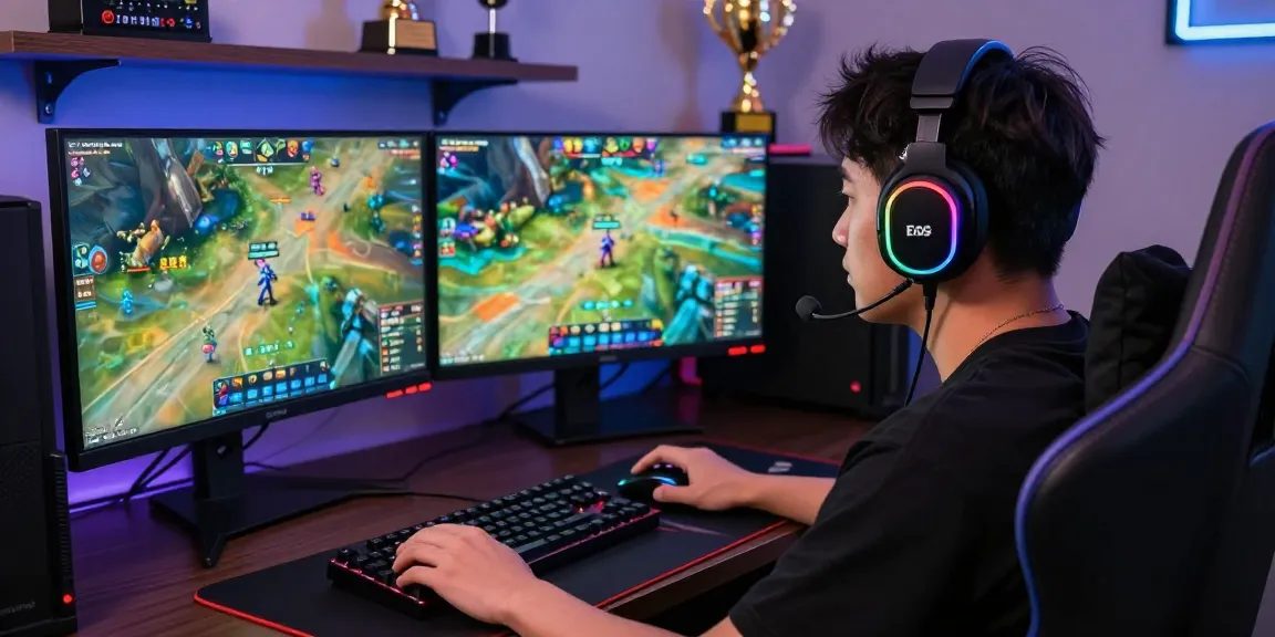 A gamer immersed in rokok 88 gaming setup, featuring RGB lighting, ergonomic chair, and dual monitors.