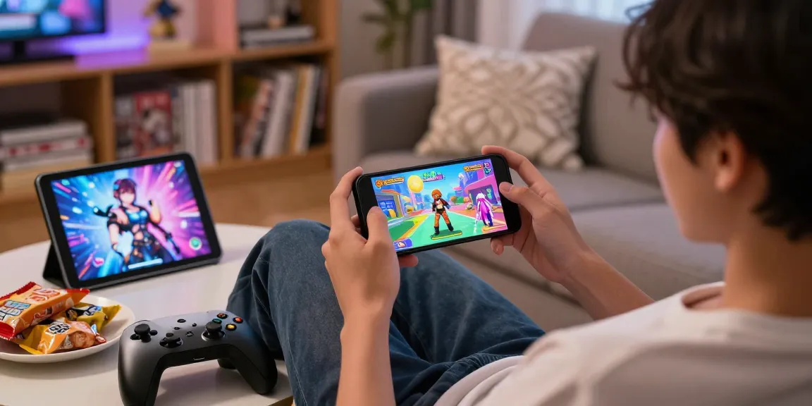 Player enjoying a mobile hentai game on a smartphone in a cozy living room setting.