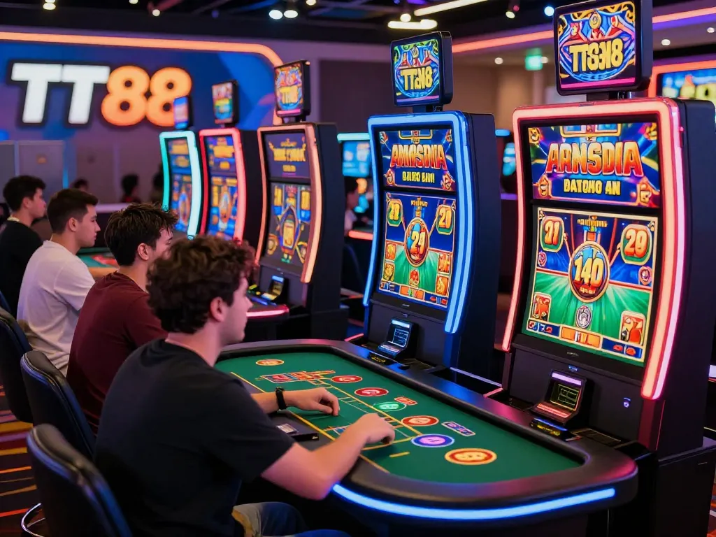 Diverse players immersed in exciting TT88 casino games at engaging gaming stations.