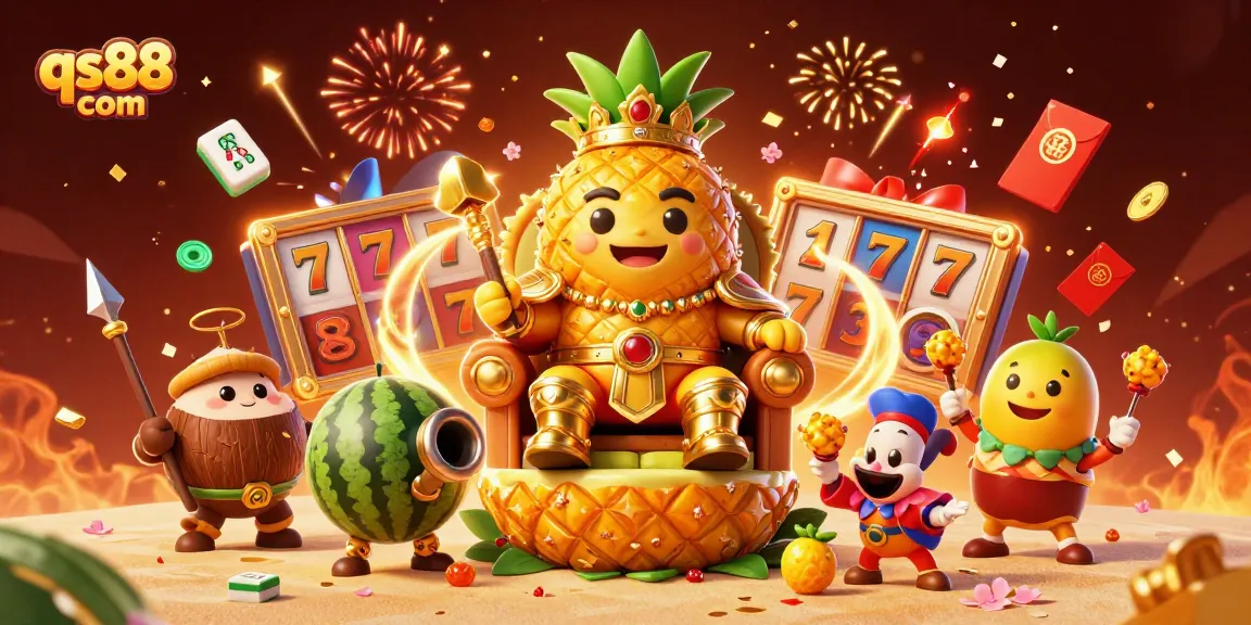 Experience vibrant gaming action at qs88 com with a golden pineapple king and lively casino elements.