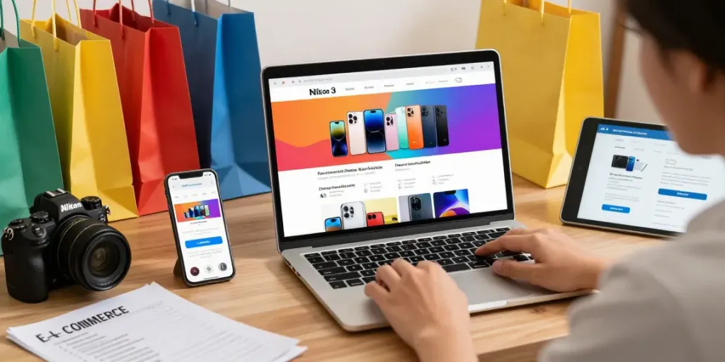 Engaging online shopping scene through https://rokok88rtpslot.org with modern gadgets and vibrant colors.